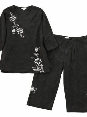 A.K.C Linen Embroidered Top Pants Set Black Floral Boho Cottagecore Medium